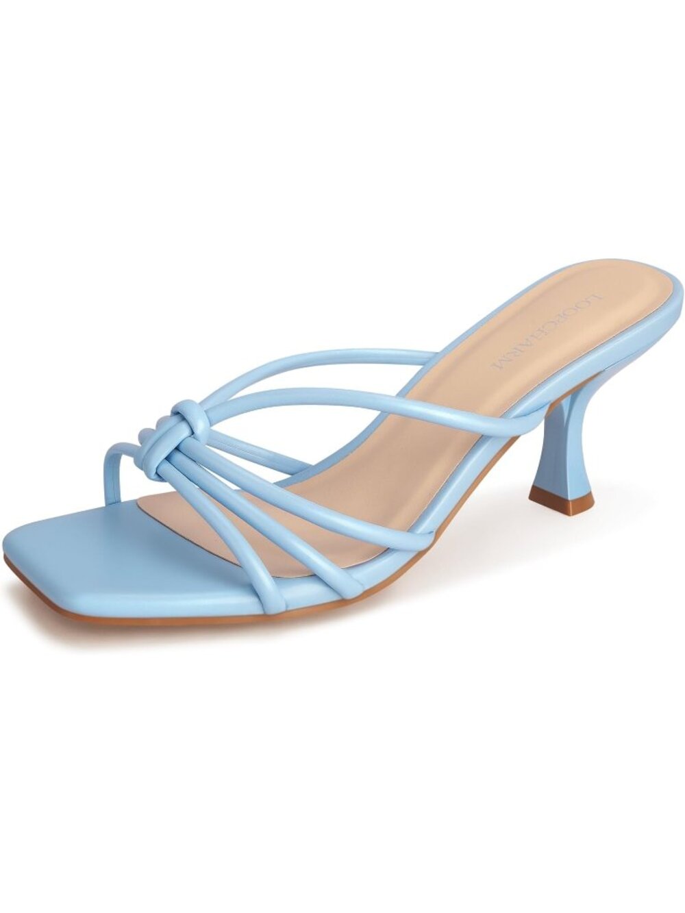 Women's Blue Pu Strappy Square Open Toe Kitten Heels Sandals Knotted Design